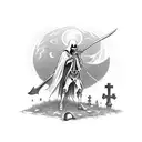 Grim reaper standing in a cemetery, with a sickle made of moonlight shining above tattoo design idea
