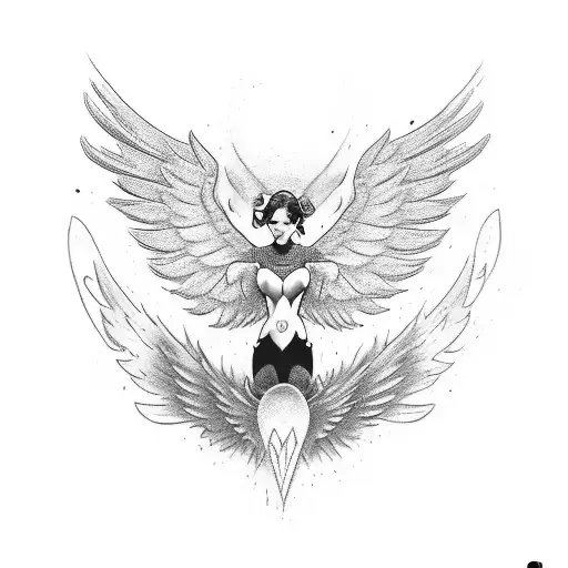 an angel with wings on the shoulder one wing opening on the chest and the other on the back tattoo design idea