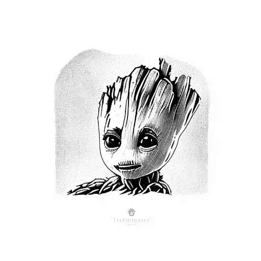 a baby groot which is sitting on a stump  tattoo design idea