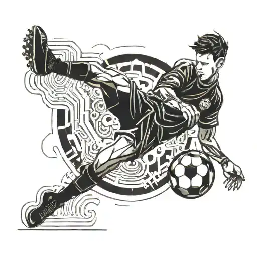 A futuristic soccer player kicking a digital ball, surrounded by circuit patterns tattoo design idea