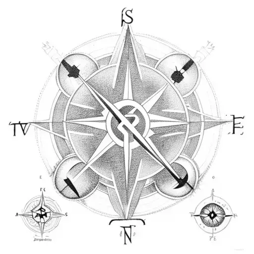 jesus and family representing the bases of life, following with  a compass showing the true north trough tim tattoo design idea