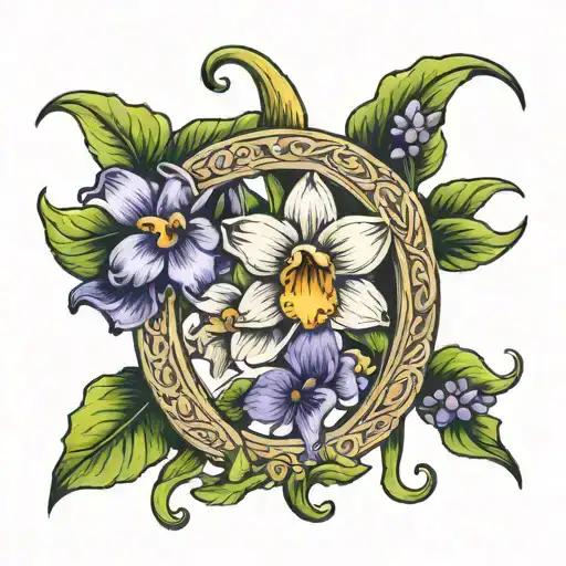 lucky horseshoe with violets and narcissus  tattoo design idea