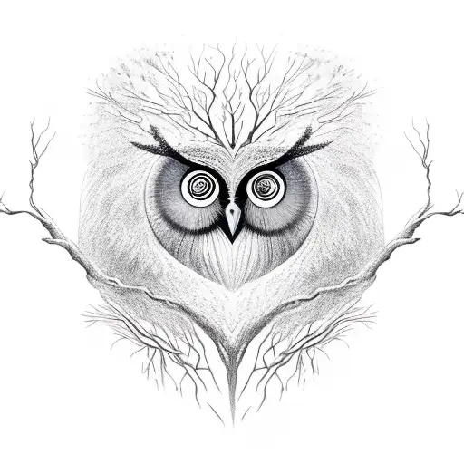 Tree of Life which core is a druid face  with long beard that transforms to the tree roots. in background is an owl tattoo design idea