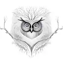 Tree of Life which core is a druid face  with long beard that transforms to the tree roots. in background is an owl tattoo design idea