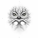 Tree of Life which core is a druid face  with long beard that transforms to the tree roots. in background is an owl tattoo design idea