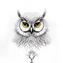 Tree of Life which core is a druid face  with long beard that transforms to the tree roots. in background is an owl tattoo design idea