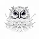 Tree of Life which core is a druid face  with long beard that transforms to the tree roots. in background is an owl tattoo design idea