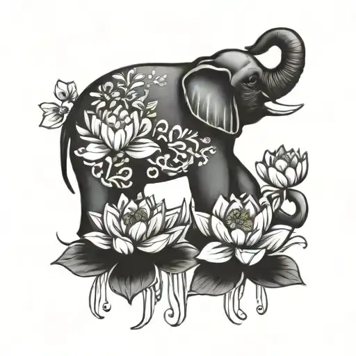 plain elephant standing on and surrounded by multiple lotus flowers  tattoo design idea