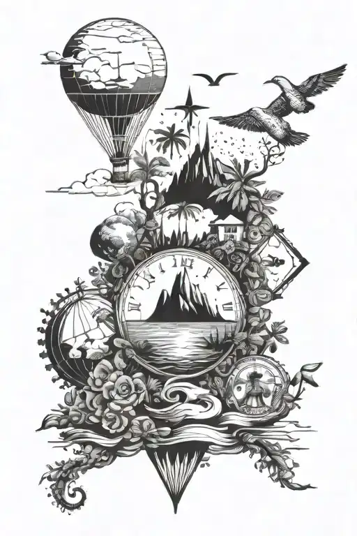 A surreal tattoo design of a dreamy vacation scene where the client and their husband are exploring a magical world together, capturing their favorite things and love for travel tattoo design idea