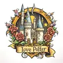 matching tattoo for couple who got married in a castle in July, love Harry Potter and love cuddling tattoo design idea