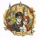 matching tattoo for couple who got married in a castle in July, love Harry Potter and love cuddling tattoo design idea