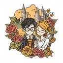 matching tattoo for couple who got married in a castle in July, love Harry Potter and love cuddling tattoo design idea