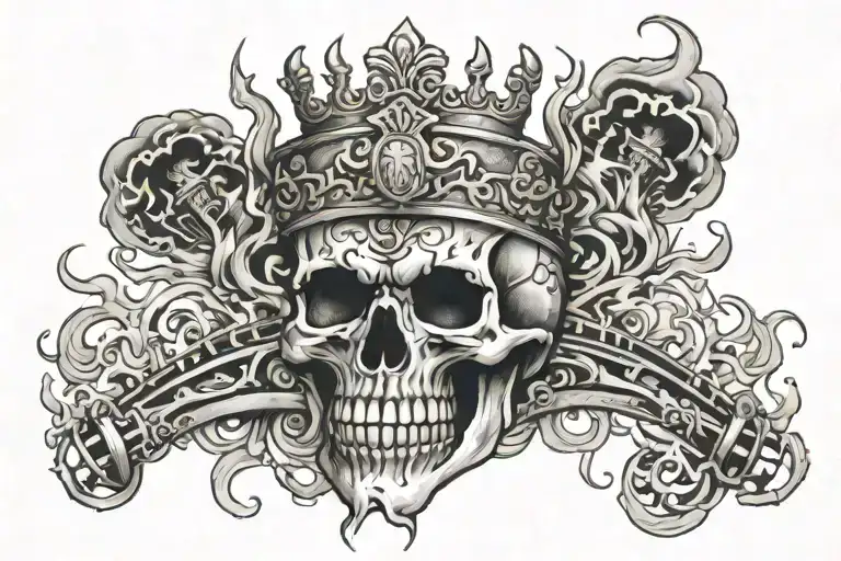 pistons in fire skull wearing a crown tattoo design idea