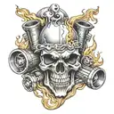 skull pistons in fire flames tattoo design idea