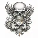skull pistons in fire flames tattoo design idea