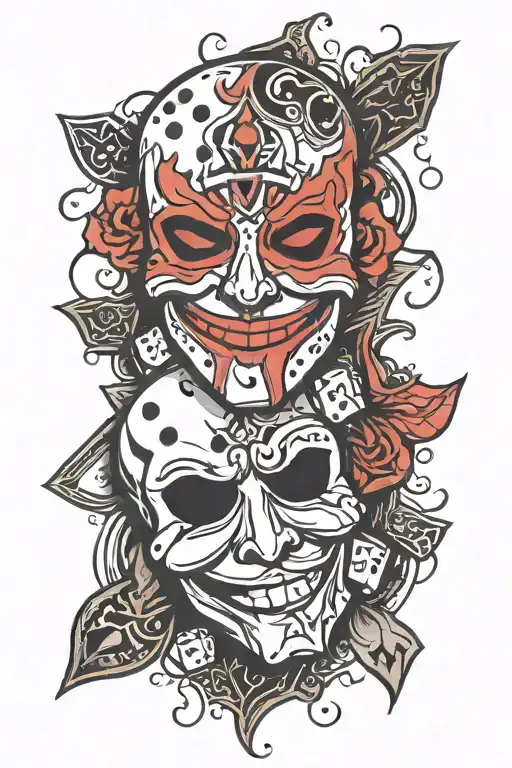 rolling dice and happy mask sad mask tattoo design idea