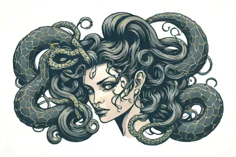 Medusa with blank white eyes and snake hair and an aura surrounding her  tattoo design idea