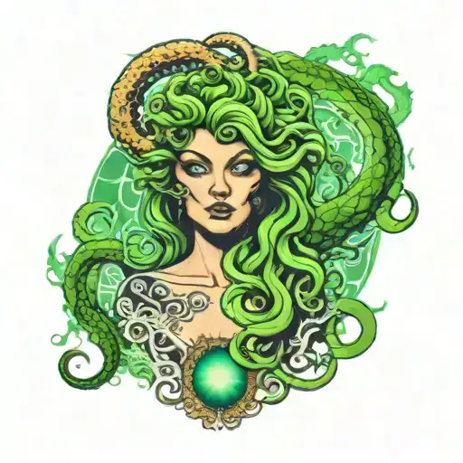 Medusa with blank white eyes and snake hair and an northern lights aura surrounding her  tattoo design idea