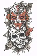 rolling dice and happy mask sad mask tattoo design idea