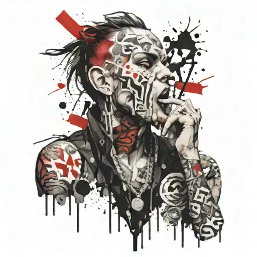 A surrealistic portrait of a rockstar with abstract elements tattoo design idea