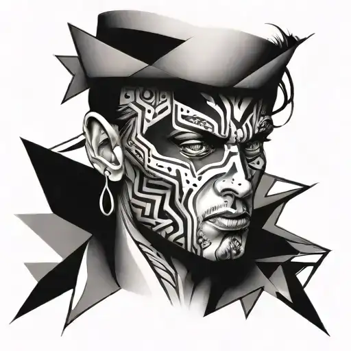 A surrealistic portrait of a rockstar with abstract elements tattoo design idea