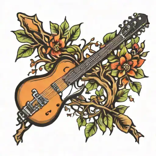 guitar and tree branch tattoo design idea