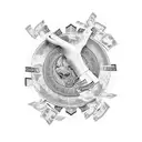 A hustler counting stacks of cash with a tattoo of a meth molecule hidden in the background tattoo design idea