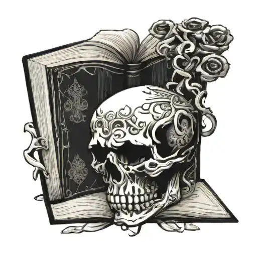 skull face profile holding open book surrounded tattoo design idea