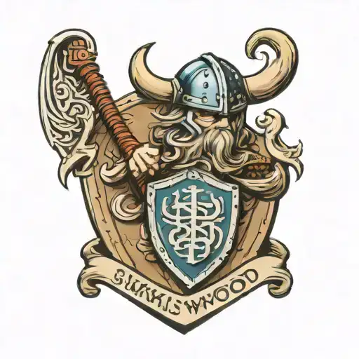 Viking style coat of arms with a Viking helmet and a shield for the name Smallwood tattoo design idea