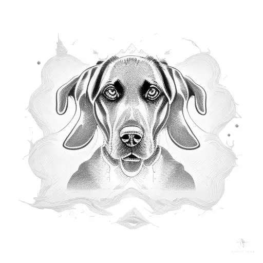 a black dog with three heads, stylized, sobriety, middle age, engraving tattoo design idea