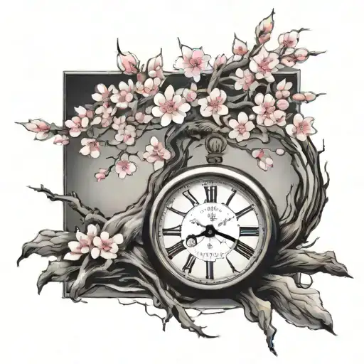 cherry blossom tree with roots around a clock    tattoo design idea