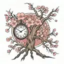 cherry blossom tree with roots around a clock    tattoo design idea
