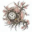 cherry blossom tree with roots around a clock    tattoo design idea