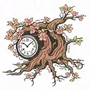 cherry blossom tree with roots around a clock    tattoo design idea