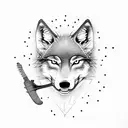 A dotwork tattoo of a wolf silhouette with a guitar in its mouth tattoo design idea