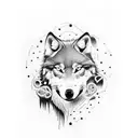 A dotwork tattoo of a wolf silhouette with a guitar in its mouth tattoo design idea