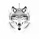 A dotwork tattoo of a wolf silhouette with a guitar in its mouth tattoo design idea