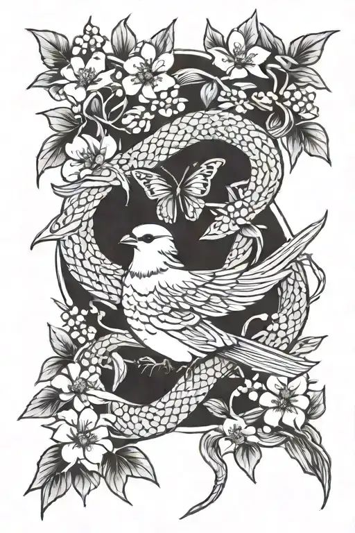 sparrow intertwined, cherry blossom petals, a snake, a butterfly tattoo design idea