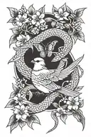 sparrow intertwined, cherry blossom petals, a snake, a butterfly tattoo design idea
