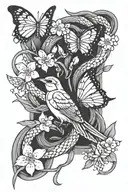 sparrow intertwined, cherry blossom petals, a snake, a butterfly tattoo design idea