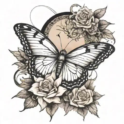A butterfly flying through the Roman nemerals for September 14th, 1988 - August 22, 2021. Black and white, forearm tatto tattoo design idea