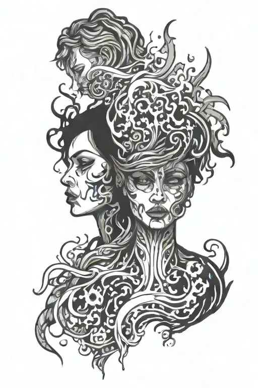 there is a woman Half in the shadows and a man Half burned in flames tattoo design idea