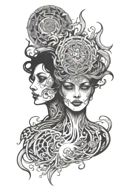 there is a woman Half in the shadows and a man Half burned in flames divined by the sun tattoo design idea
