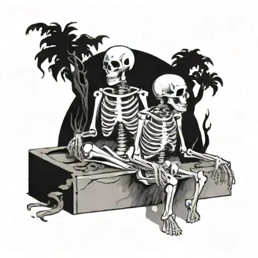 traditional,Two skeletons sitting on a grave,one behind smoking,one in front drinking tattoo design idea