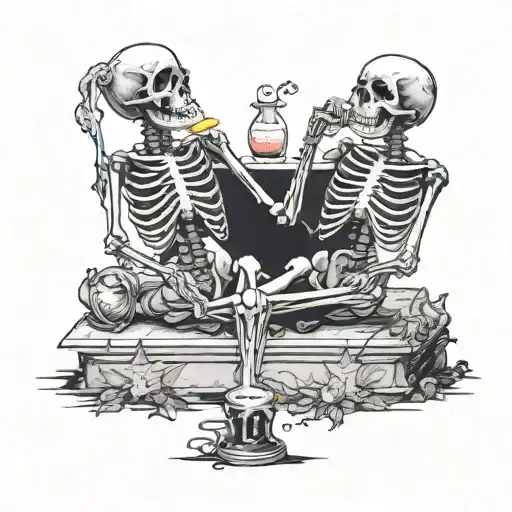 Two skeletons sitting on a grave,one behind smoking,one in front drinking tattoo design idea