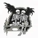traditional,Two skeletons sitting on a grave,one behind smoking,one in front drinking tattoo design idea