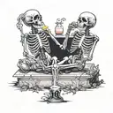 Two skeletons sitting on a grave,one behind smoking,one in front drinking tattoo design idea