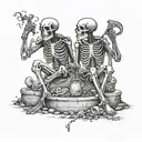 Two skeletons sitting on a grave,one behind smoking,one in front drinking tattoo design idea