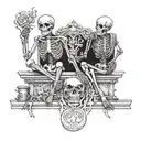 Two skeletons sitting on a grave,one behind smoking,one in front drinking tattoo design idea