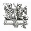 Two skeletons sitting on a grave,one behind smoking,one in front drinking tattoo design idea